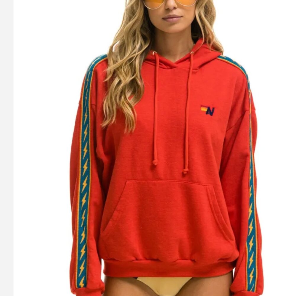 Aviator Nation bolt stripe relaxed pullover hoodie (red, L) - has flaw